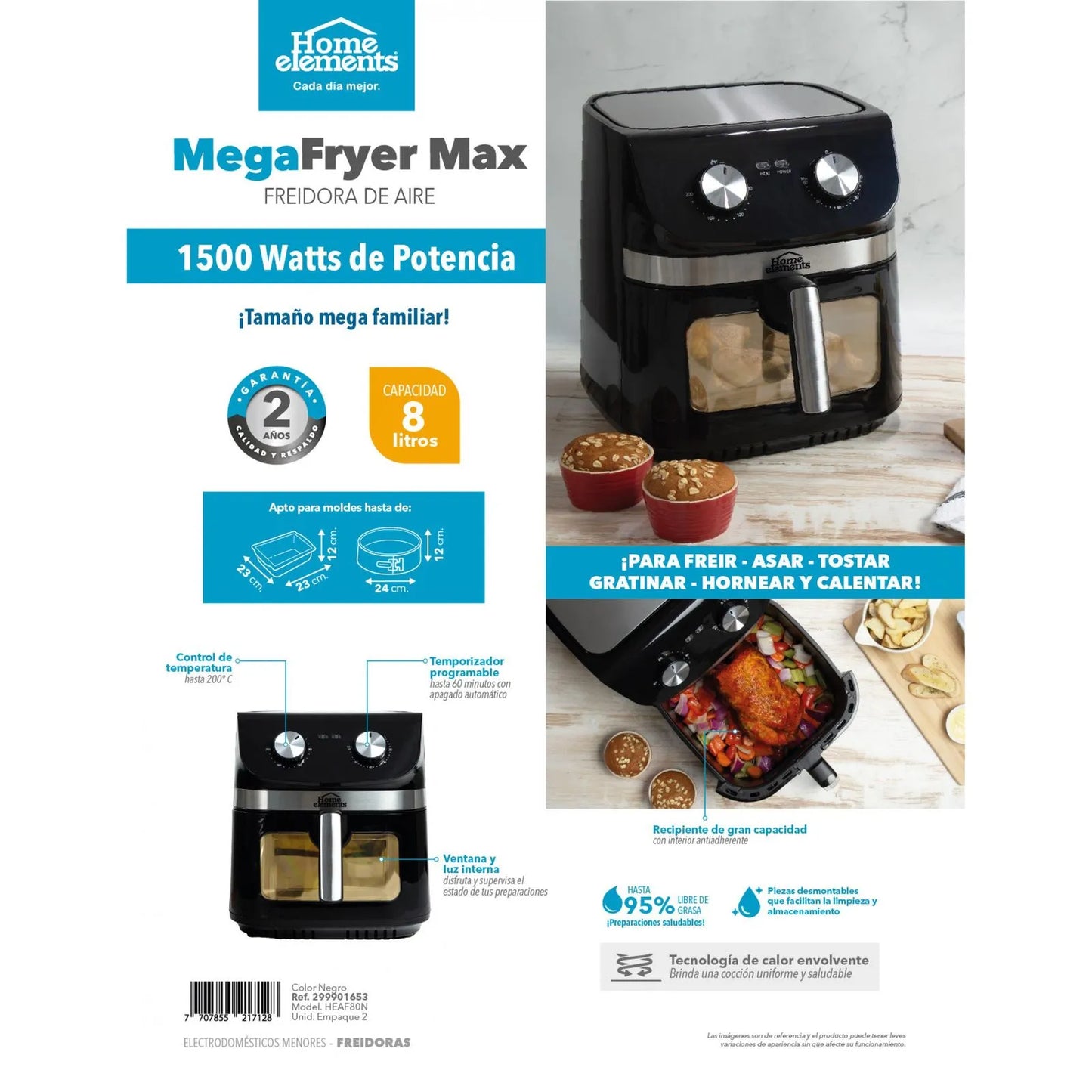 Freidora De Aire 8 Litros Air Fryer Home Elements