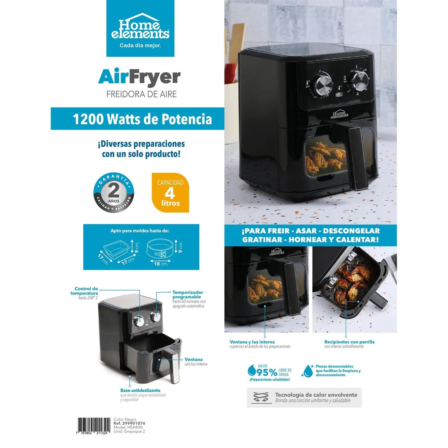 Freidora De Aire 4 Litros Airfryer con Ventana
