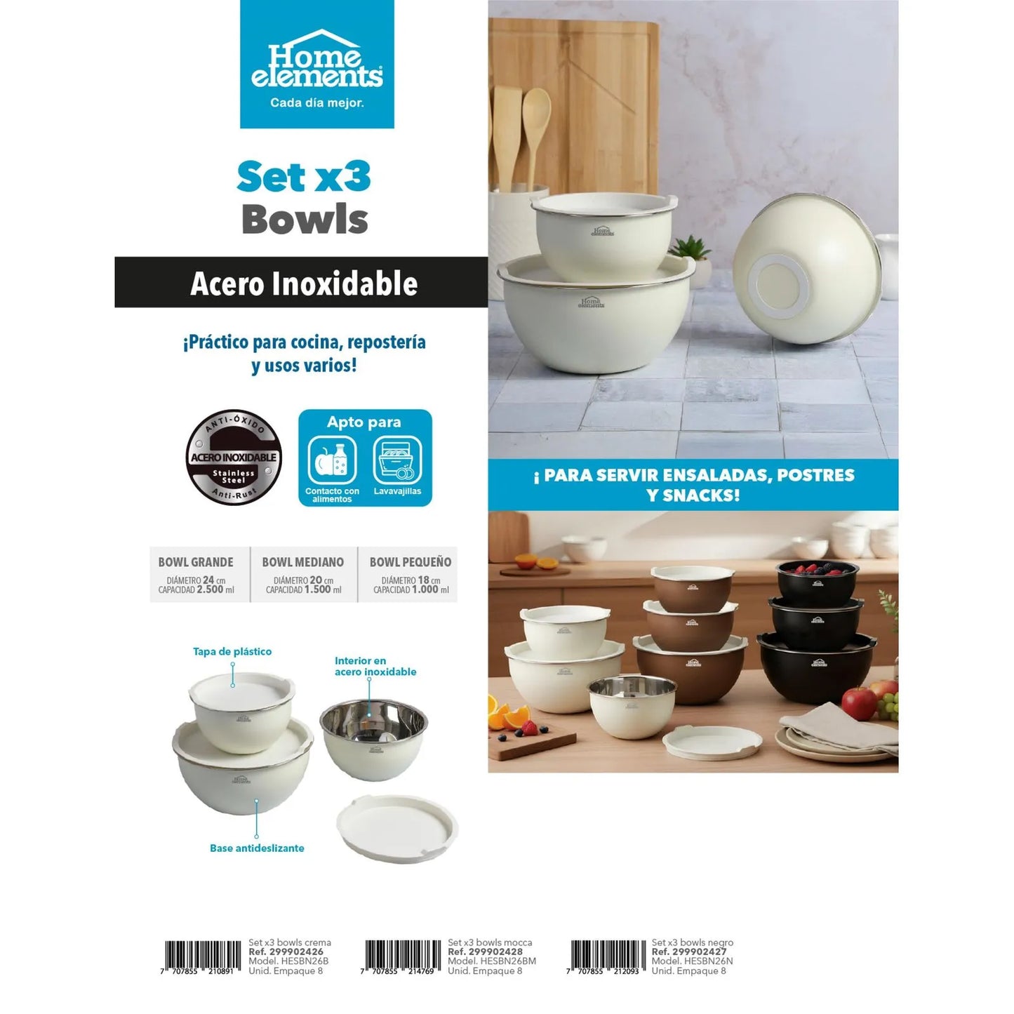 Set De Bowls En Acero Inoxidable Con Tapa Negros