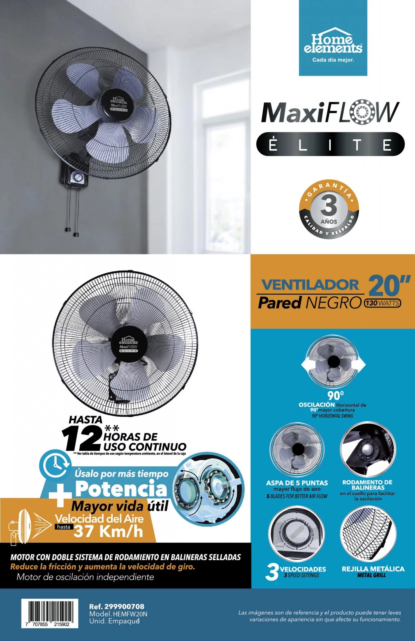 Ventilador Pared 20p 130w Home Elements