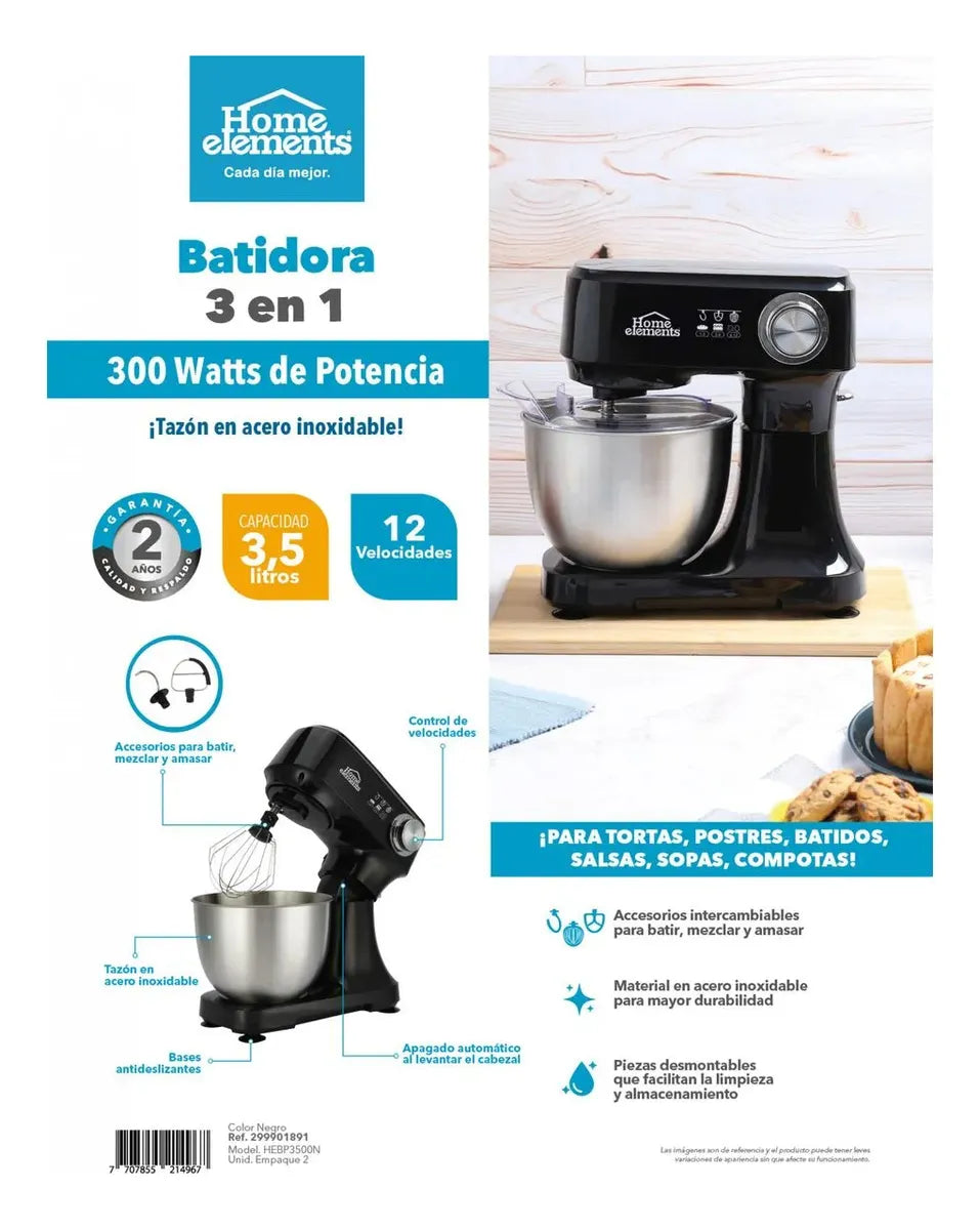 Batidora 3 En 1 Amasadora Profesional 12 Velocidades 3.5 Lt