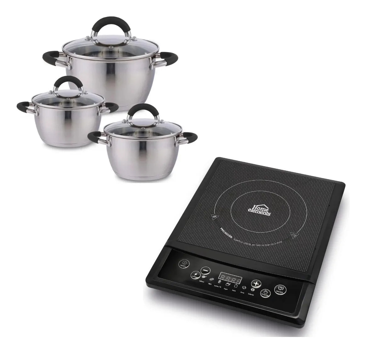 Combo Estufa De Induccion Portatil Y 3 Ollas En Acero Inox