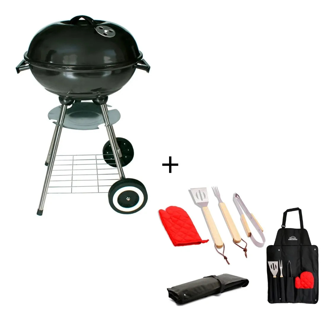 Combo Asador Bbq A Carbon Portable + Set 5 Utensilios
