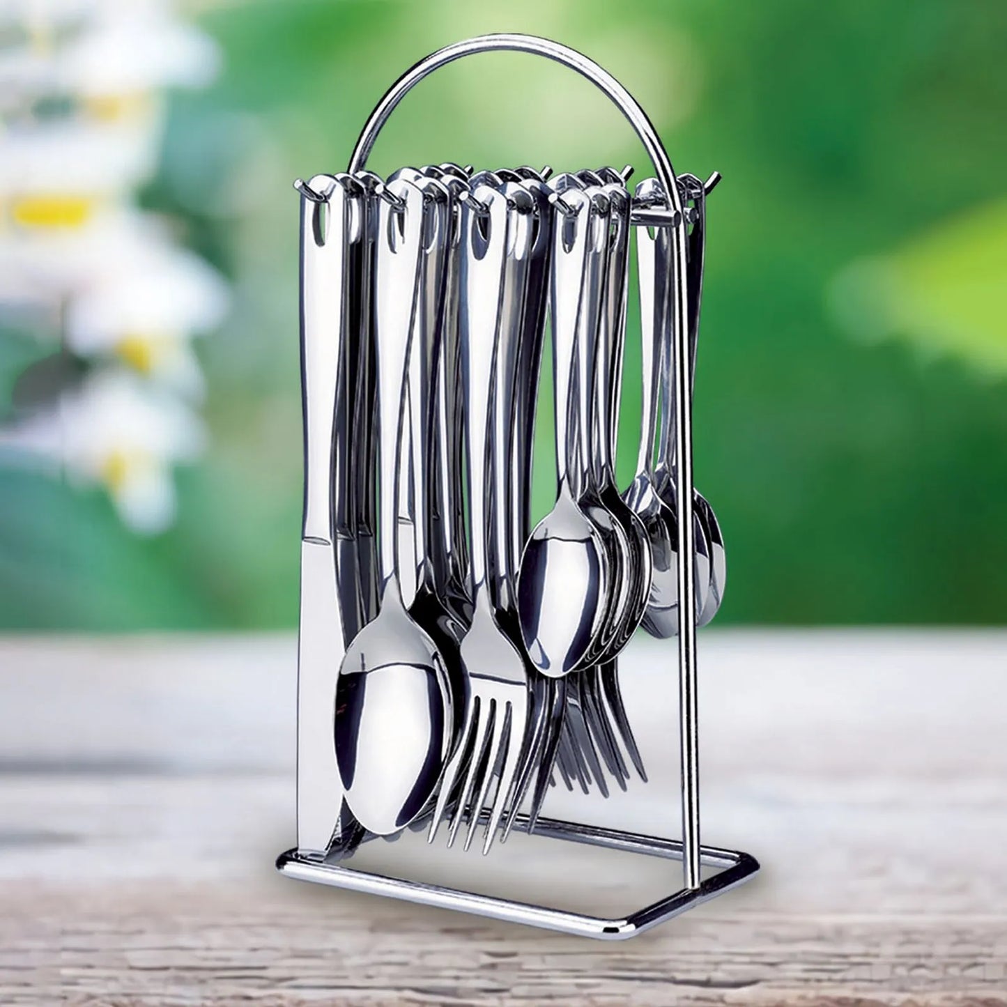 Set Cubiertos X 24 Piezas Soporte Metalico Color Plateado