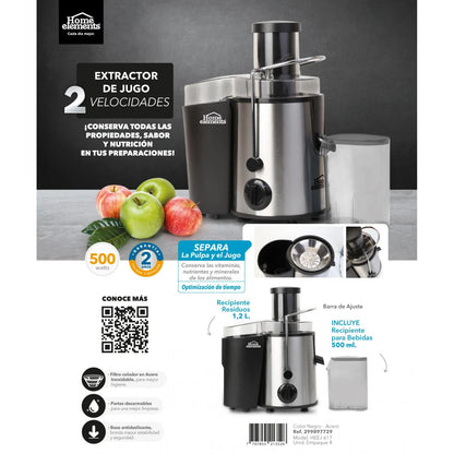 Extractor De Jugos Home Elements Heej-617 Negro 120v Con Accesorios