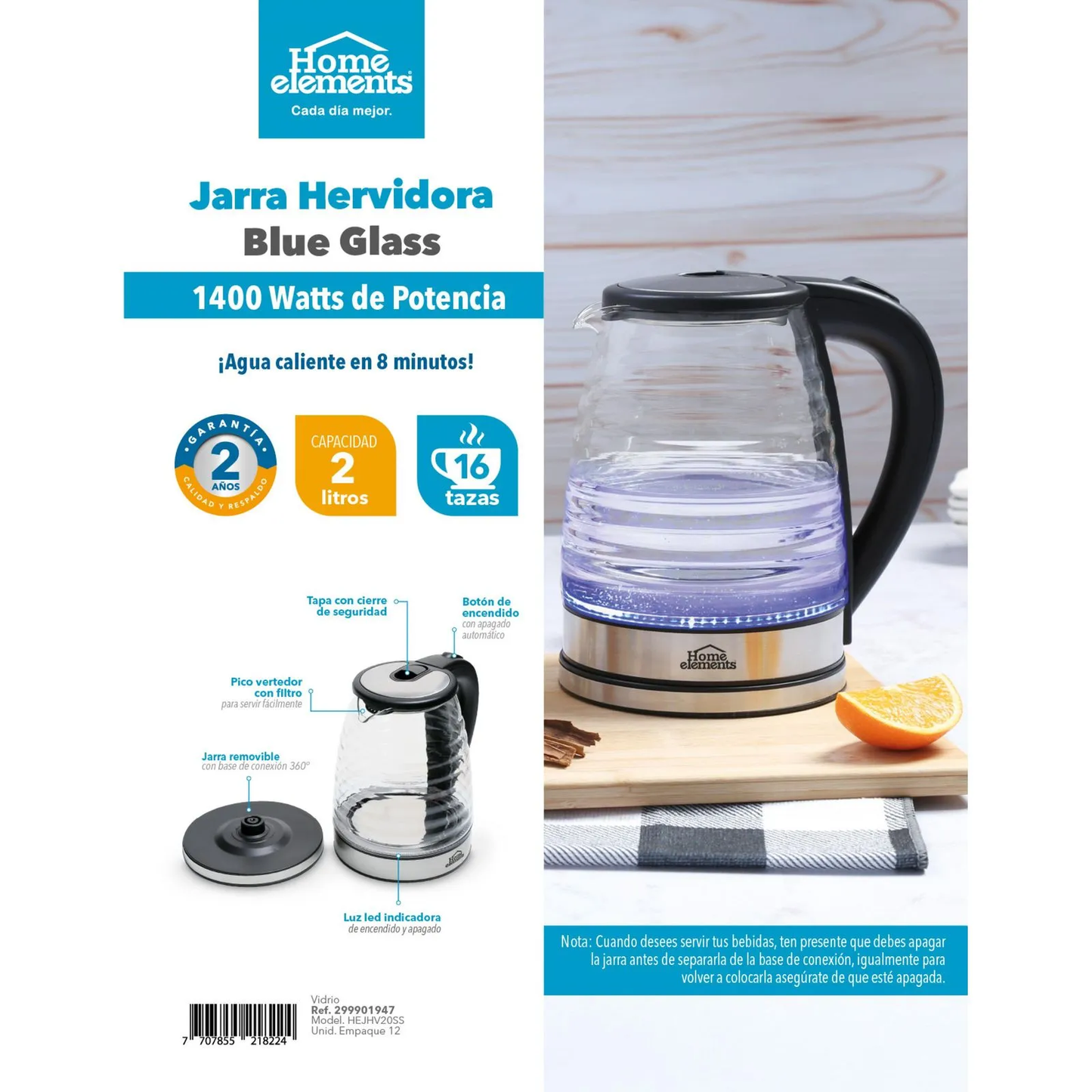 Jarra Hervidora De Agua Tetera De Vidrio 2 Litros