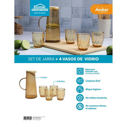 Jarra + 4 Vasos de Vidrio Color Ambar Resistentes