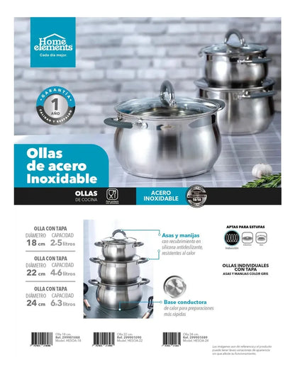 Olla En Acero Inoxidable 24 Cm 6.3 Lt Con Tapa