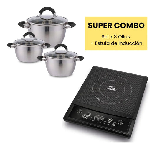 Combo Estufa De Induccion Portatil Y 3 Ollas En Acero Inox